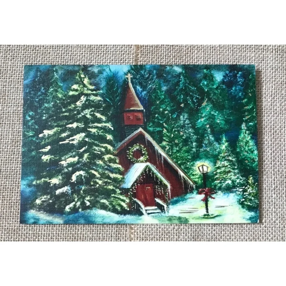 Mark W Sotak Quiet Snowfall Christmas Card Church Pine Trees Winter Framable
